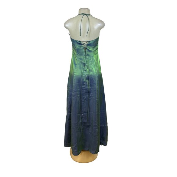 Nadine Green & Blue Iridescent Halter Maxi Dress Satin Back Tie Adjustable Sz 9 - Picture 3 of 11